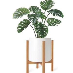 Artificial Tropical Faux Monestera Plant Pot & Bamboo Holder Set Modern Decor